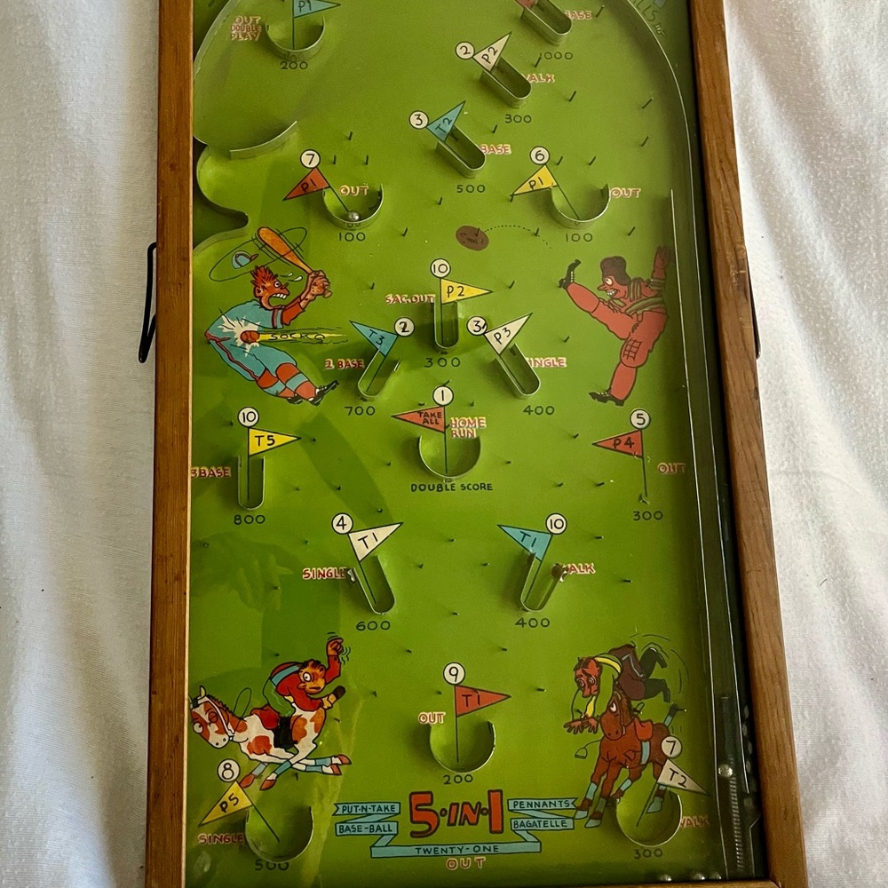 Retro Green Pinball Game with Wooden Frame